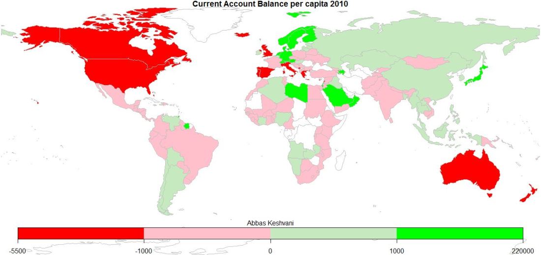 World: Current Account Balance per capita, 2010